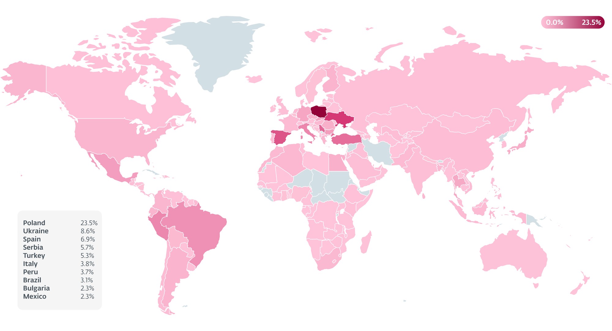 Mapa przedstawiająca kraje zaatakowane złośliwym oprogramowaniem